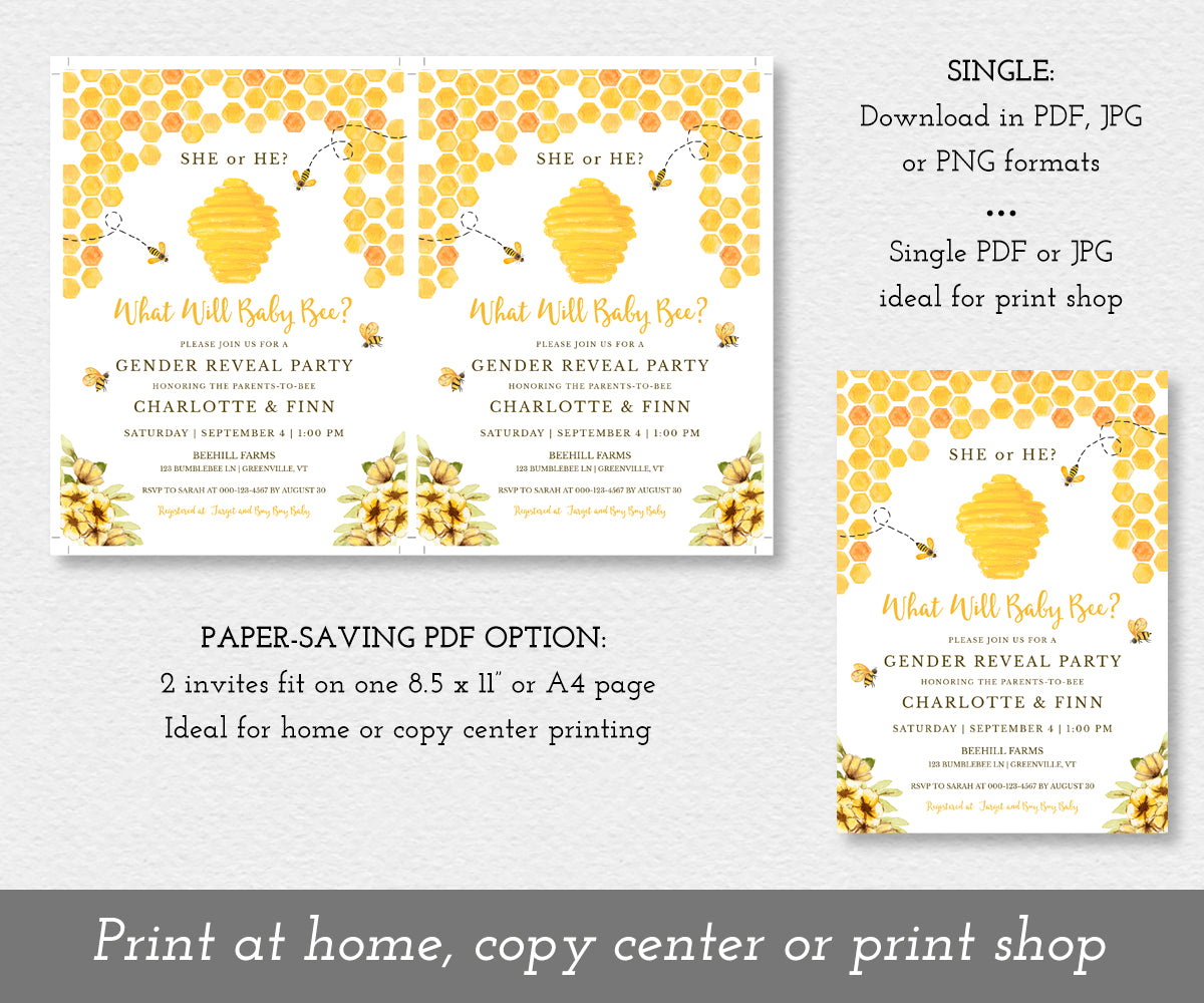 What will baby bee Gender Reveal invitation 2 up on a sheet to save paper and as a single invitation