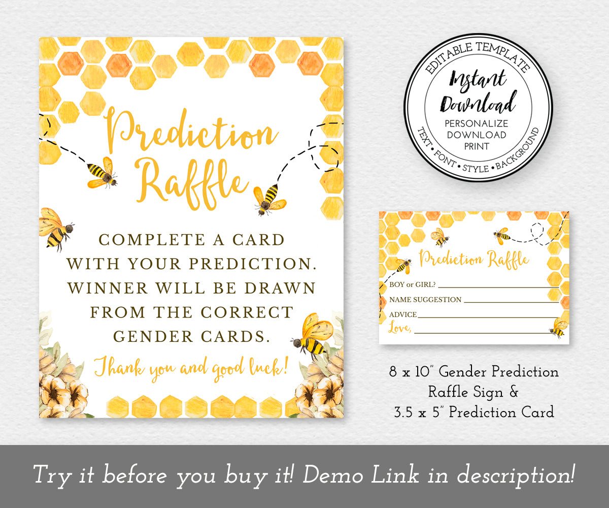 Bee gender prediction sign and entry card editable templates with honeycomb, bees and yellow flowers