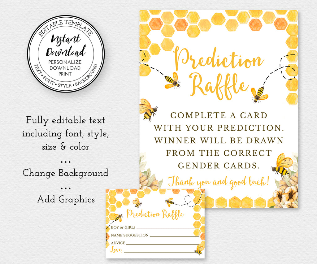 Bee Baby Shower or gender reveal game sign and raffle card editable templates