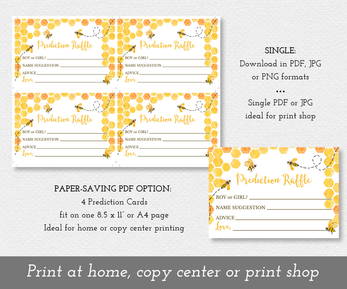 Paper saving option for bee baby shower game raffle cards shown 4 on a sheet and as a single raffle ticket