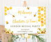 Bee gender reveal welcome sign on easel with honeycomb, buzzing bees and yellow flowers