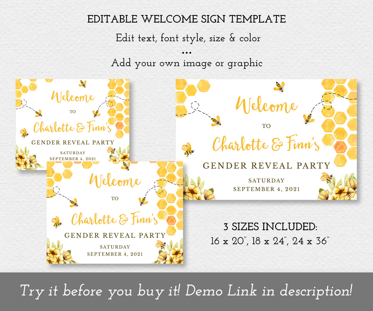 Bee gender reveal welcome sign template shown in three sizes