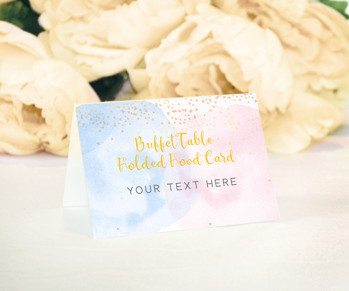 buffet table tent card with blue pink watercolor and gold confetti