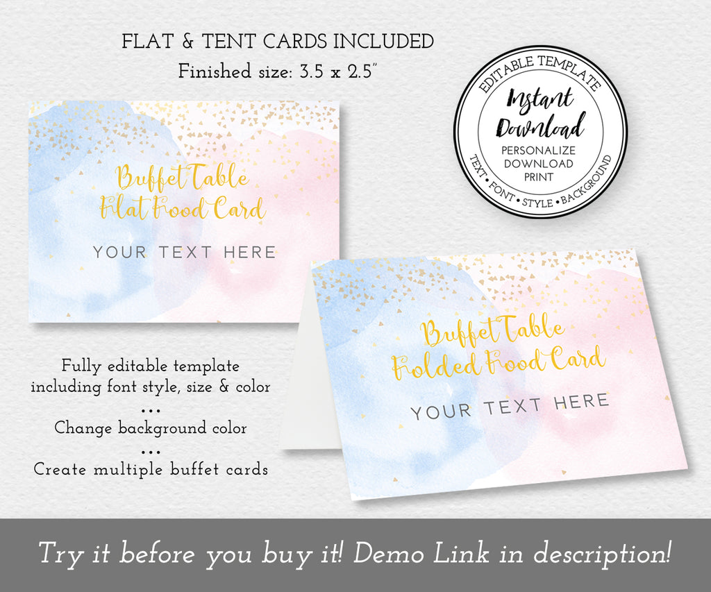 pink, blue and gold buffet folded food card and flat food label