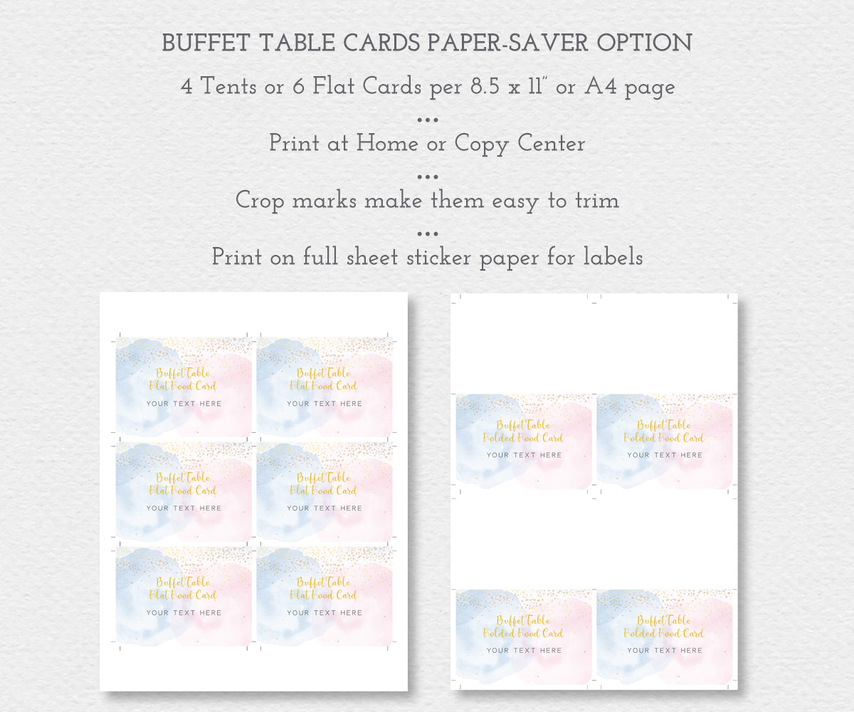 Pink blue & Gold Buffet table cards paper saving options