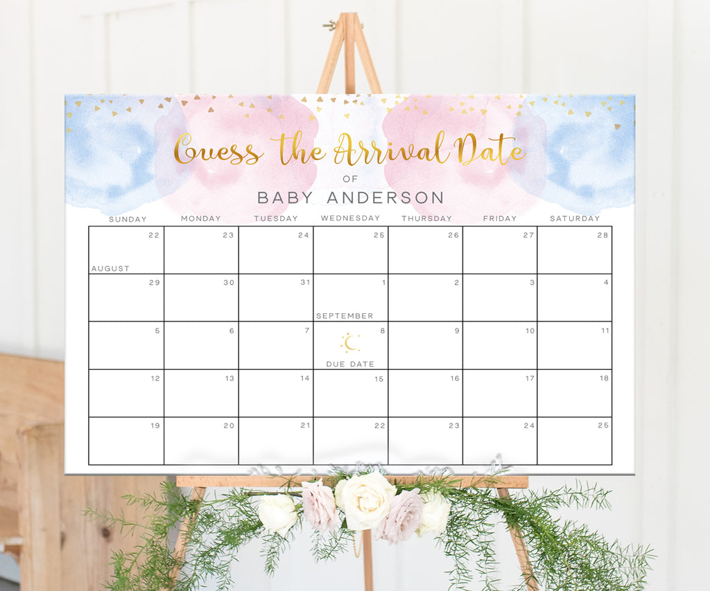blue and pink  baby due date calendar, guess the arrival date gold text and gold confetti