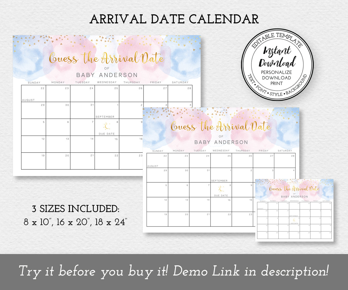 Baby Due date calendar in three sizes with pink and blue watercolor and gold confetti