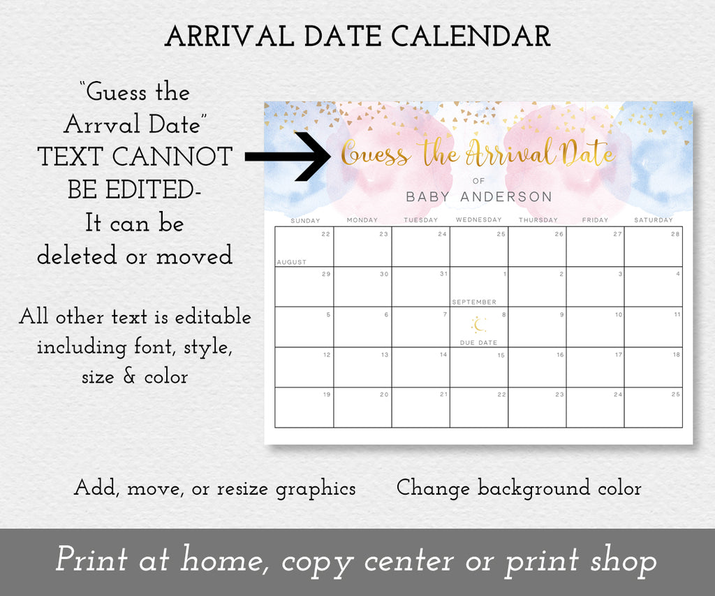 Guess the arrival date calendar for baby shower or gender reveal with pink and blue watercolor and gold confetti