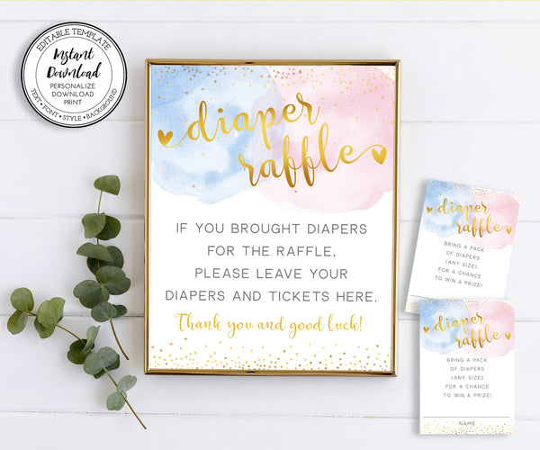 diaper raffle sign with gold text, gold confetti, pink and blue watercolor wash