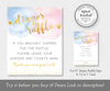 Diaper raffle sign and entry ticket card editable templates, gold text, gold confetti with pink and blue watercolor