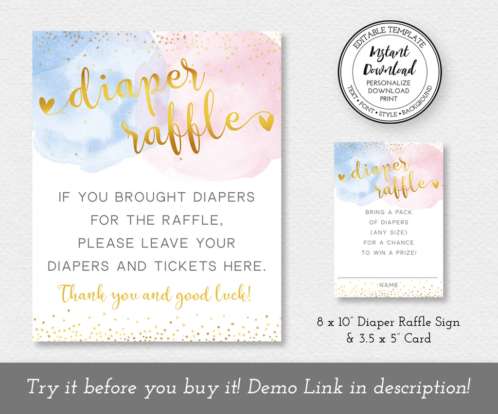 Diaper raffle sign and entry ticket card editable templates, gold text, gold confetti with pink and blue watercolor