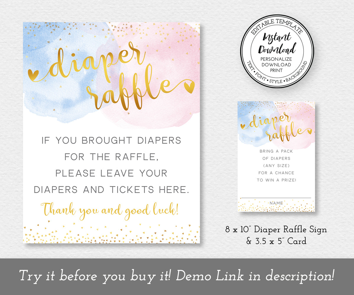 Diaper raffle sign and entry ticket card editable templates, gold text, gold confetti with pink and blue watercolor