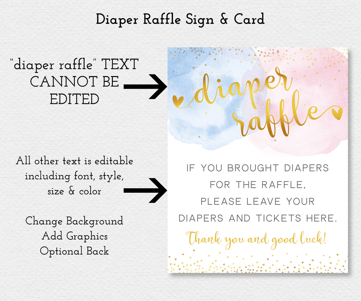 Artful Life Designs Diaper raffle sign template, gold text with pink and blue watercolor