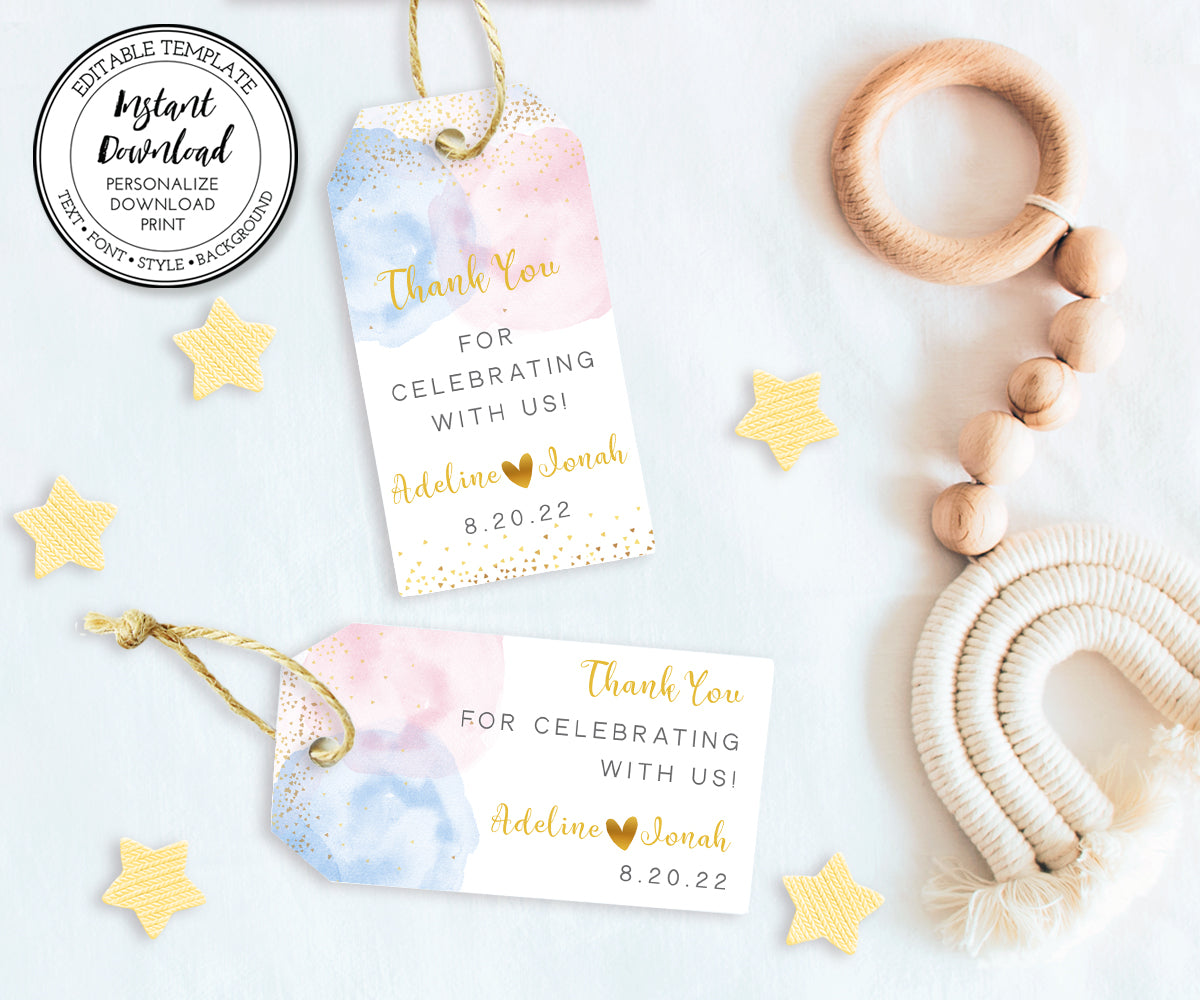 pink blue gold confetti, gender reveal favor tags