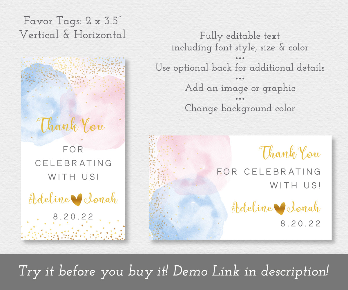 gender reveal favor tags in blue and pink with gold confetti, editable templates