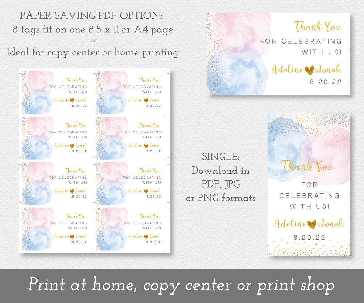 gender reveal favor tag paper saver with 8 on a sheet and single tags
