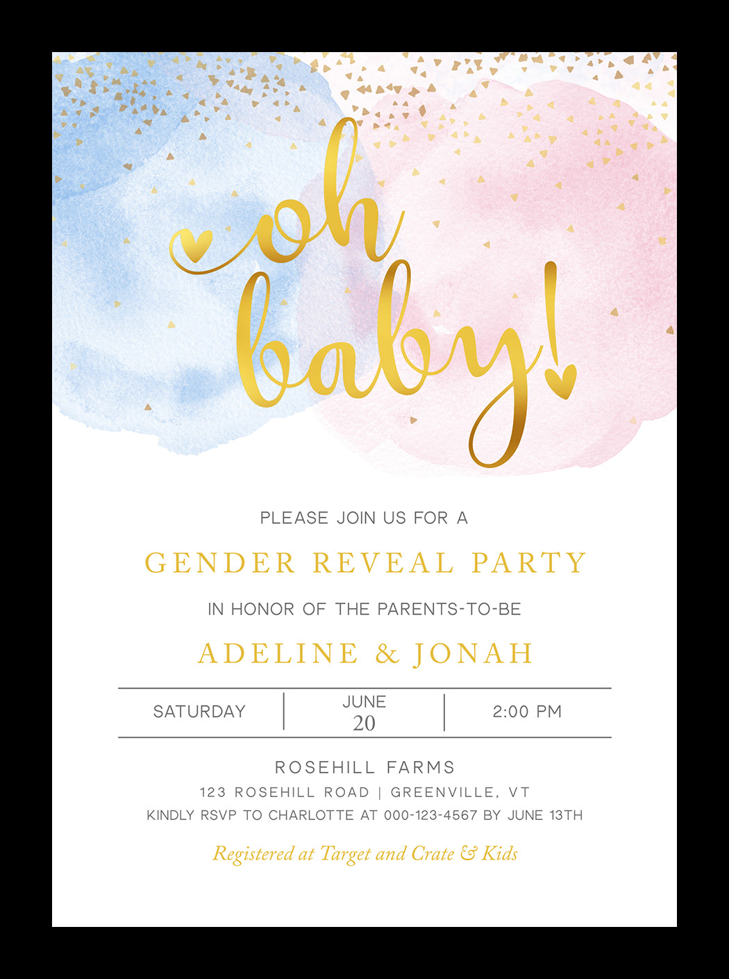 Oh baby gender reveal invitation with blue and pink watercolor, gold script text and gold confetti by Artful Life Designs