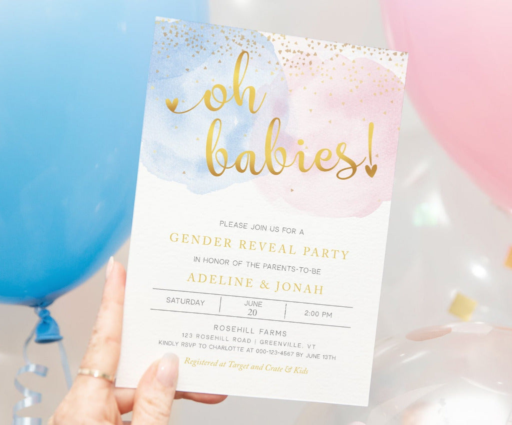 Oh babies, Twins or multiple babies gender reveal invitation, pink blue watercolor with gold text and confetti