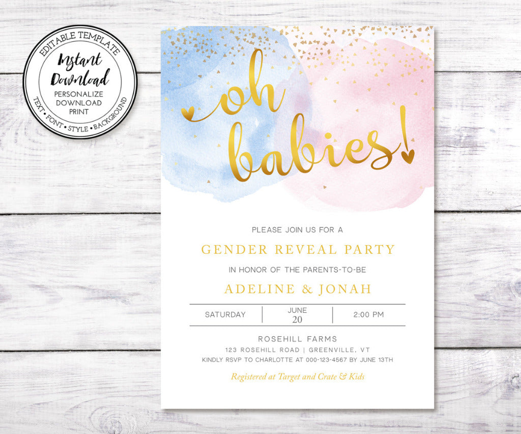 Oh babies gender reveal invitation for twins or multiple babies, pink and blue water color with gold text and confetti