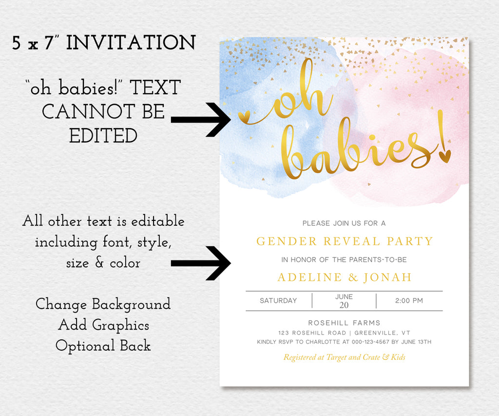 5 x 7" oh babies gender reveal invitation template, gold oh babies text is not editable, all other text is editable, optional back