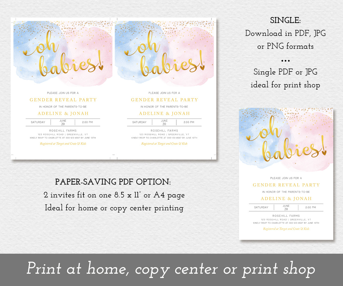 oh babies gender reveal invitation for multiple babies, shown 2 up on a page to save paper and as a single invitation