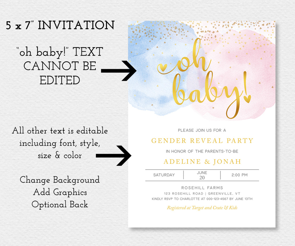 Pink Blue Gold Gender Reveal invitation template, gold oh baby text cannot be edited, all other text is editable