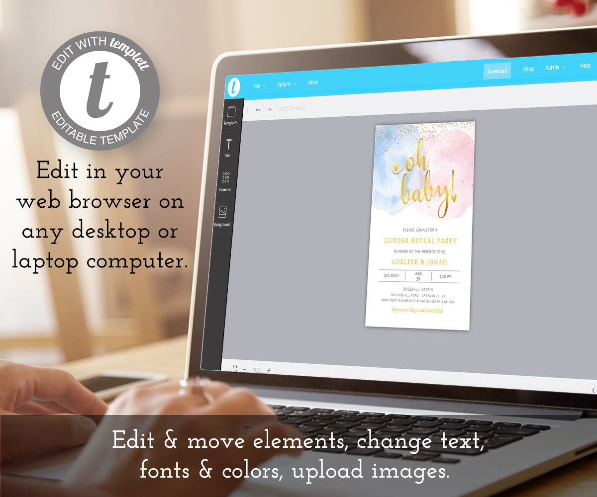 Oh baby gender reveal invitation template being edited on a laptop computer using templett
