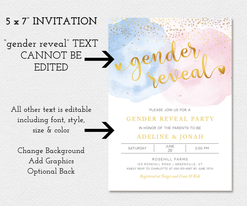 5 x 7 gender reveal invitation template, gender reveal text cannot be edited, all other text can be edited, add graphics and optional back