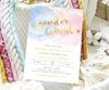 Blue pink watercolor with gold text and confetti gender reveal invitation