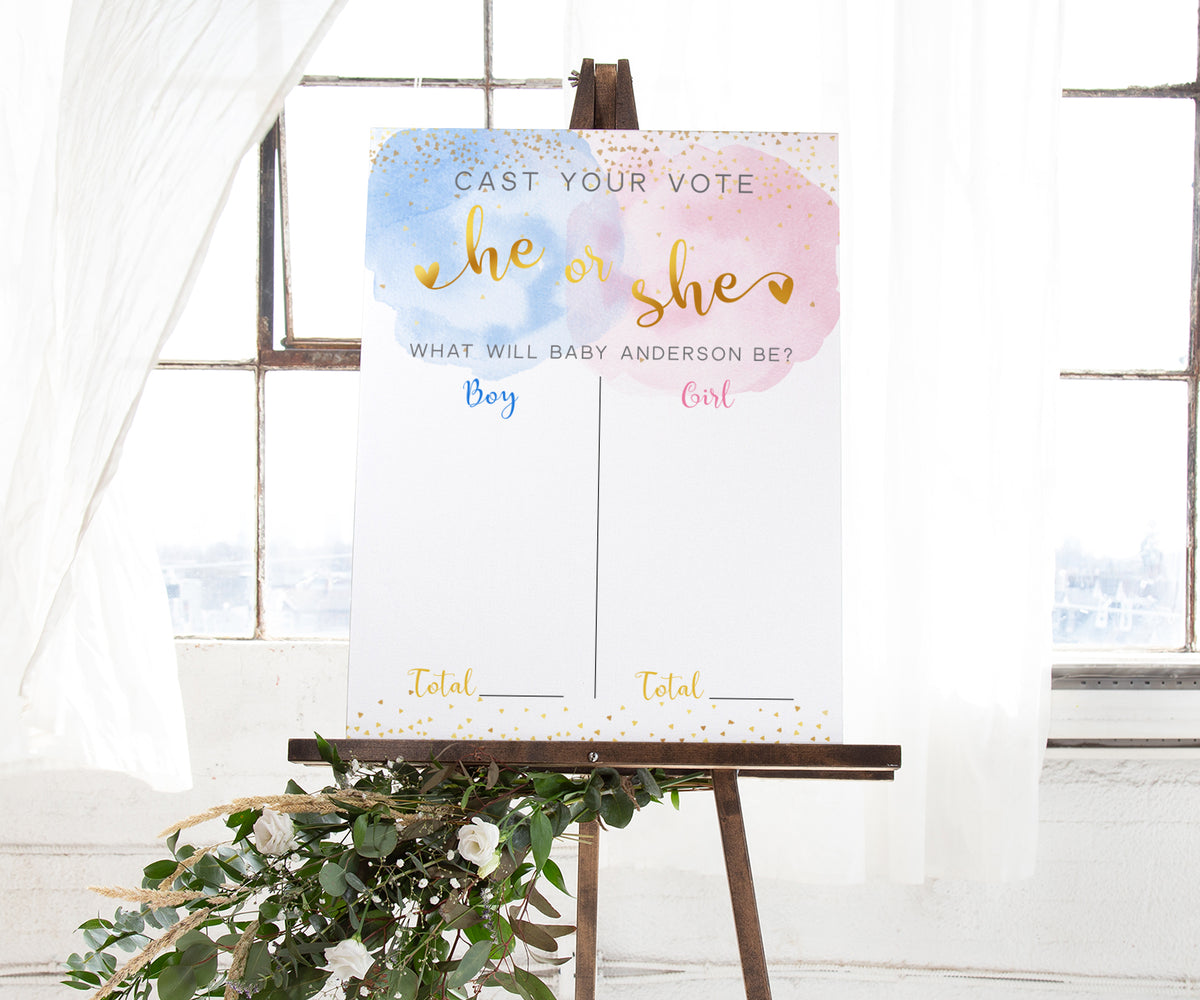 Gender Prediction voting sign with blue and pink watercolor, gold confetti and text
