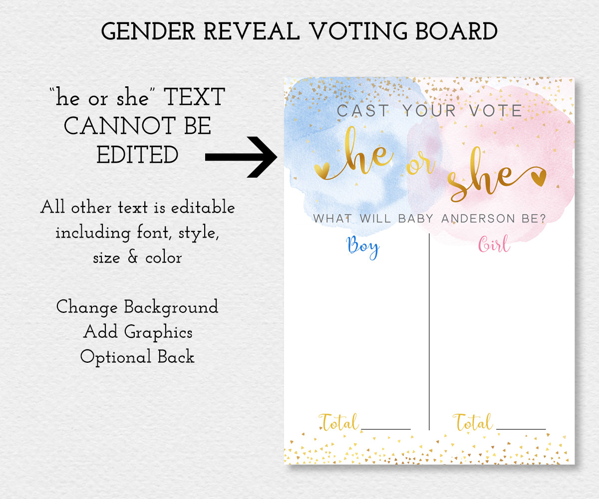 Gender Prediction voting sign with blue and pink watercolor, gold confetti and text, editable template