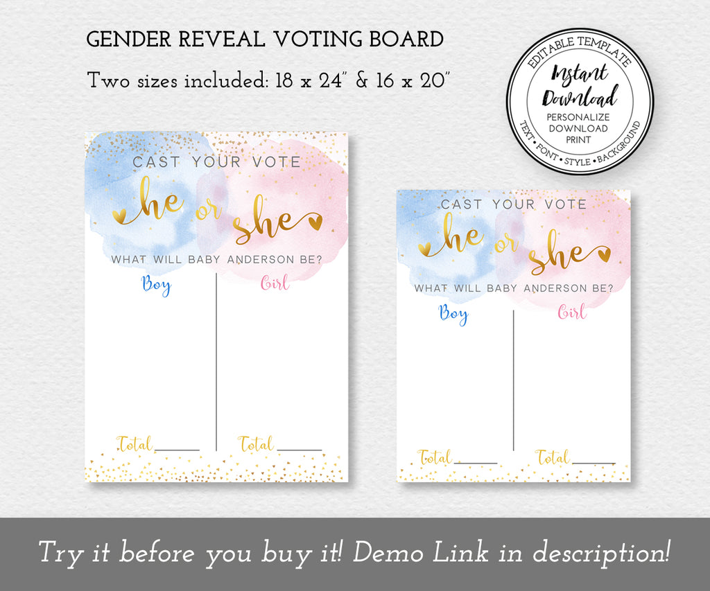Gender Reveal Game, voting boards in two sizes- 18 x 24" and 16 x 20"