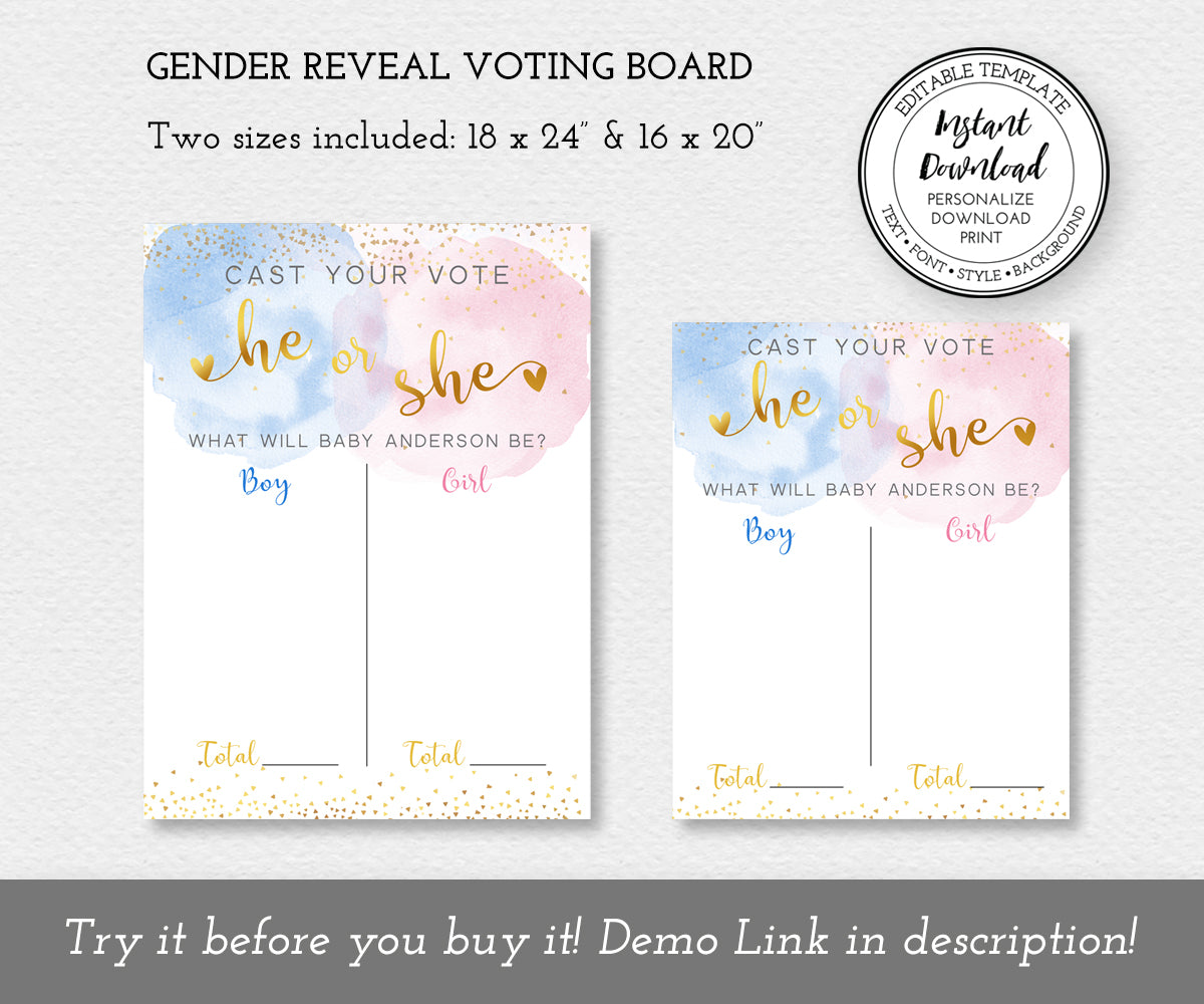 Gender Reveal Game, voting boards in two sizes- 18 x 24" and 16 x 20"