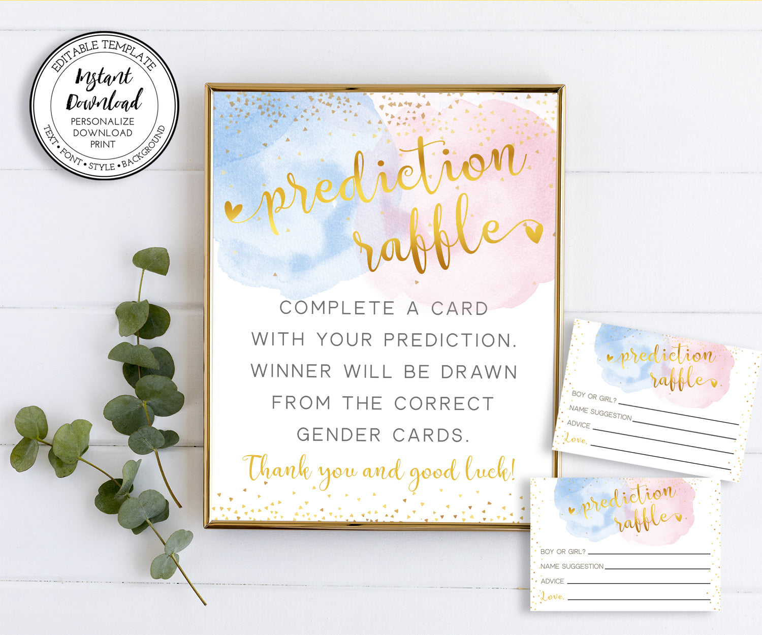 blue, pink with gold confetti and gold text, gender prediction raffle game sign and ticket