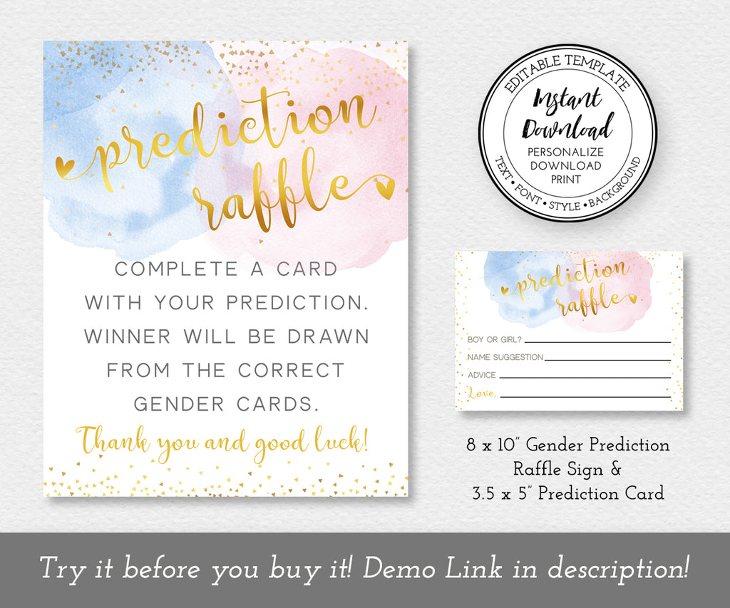 blue, pink with gold confetti and gold text, gender prediction raffle 8 x 10" game sign and 3.5 x 5" entry card