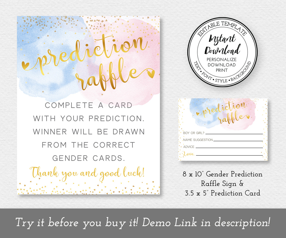 blue, pink with gold confetti and gold text, gender prediction raffle 8 x 10" game sign and 3.5 x 5" entry card