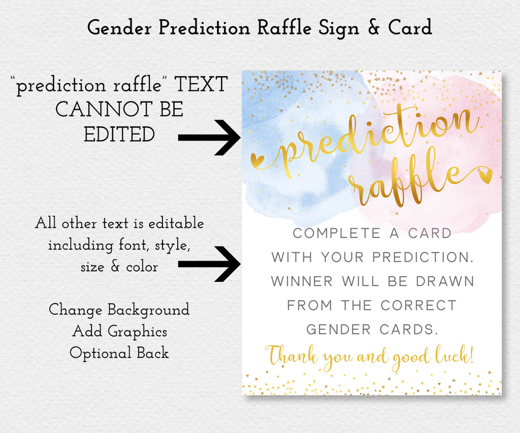 blue, pink with gold confetti and gold text, gender prediction raffle game sign template