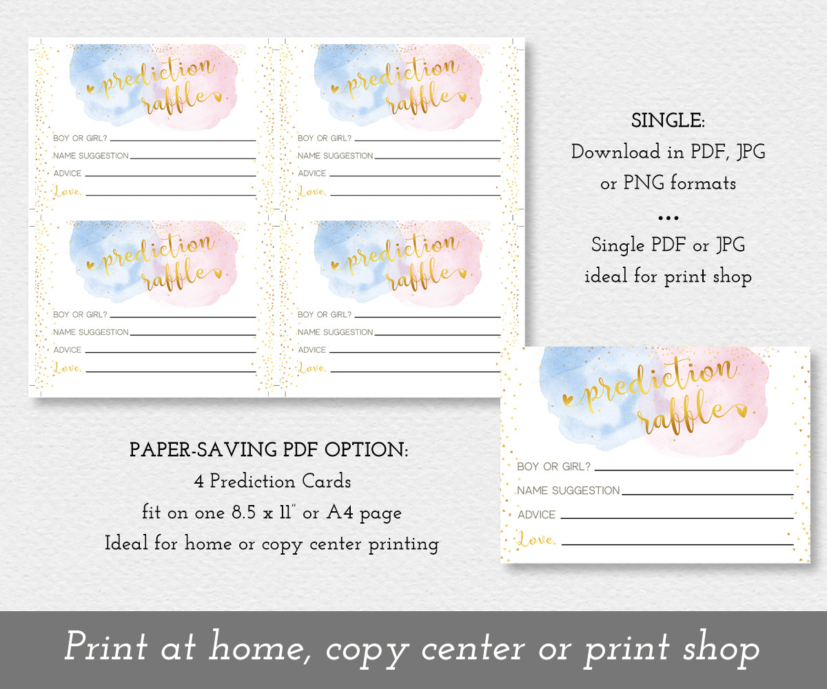 gender prediction raffle tickets paper saving option, 4 tickets on a sheet, or as a single ticket