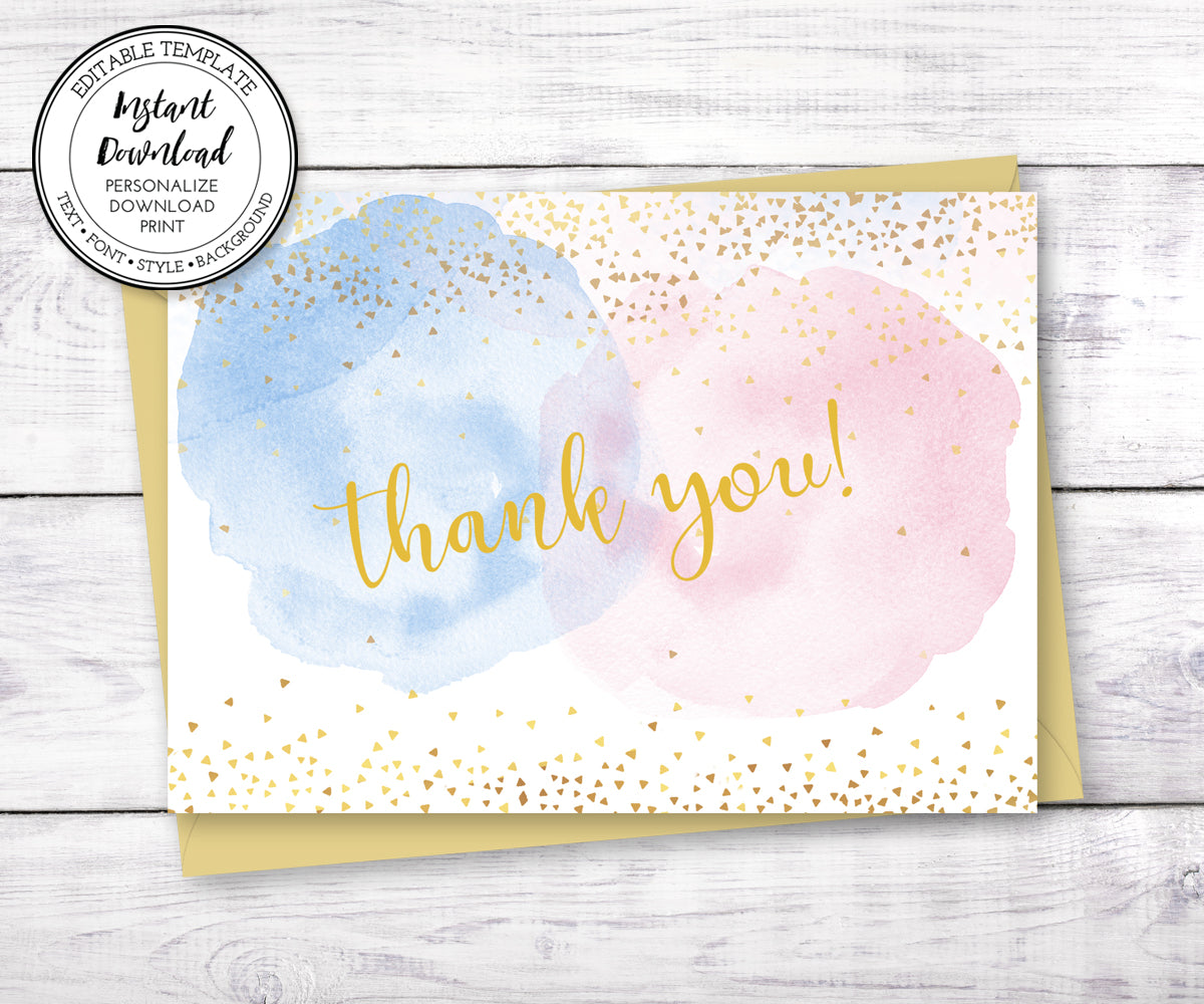 Thank You Card Template, Pink Blue Smoke Gold Confetti Baby Shower or Gender Reveal Thank You