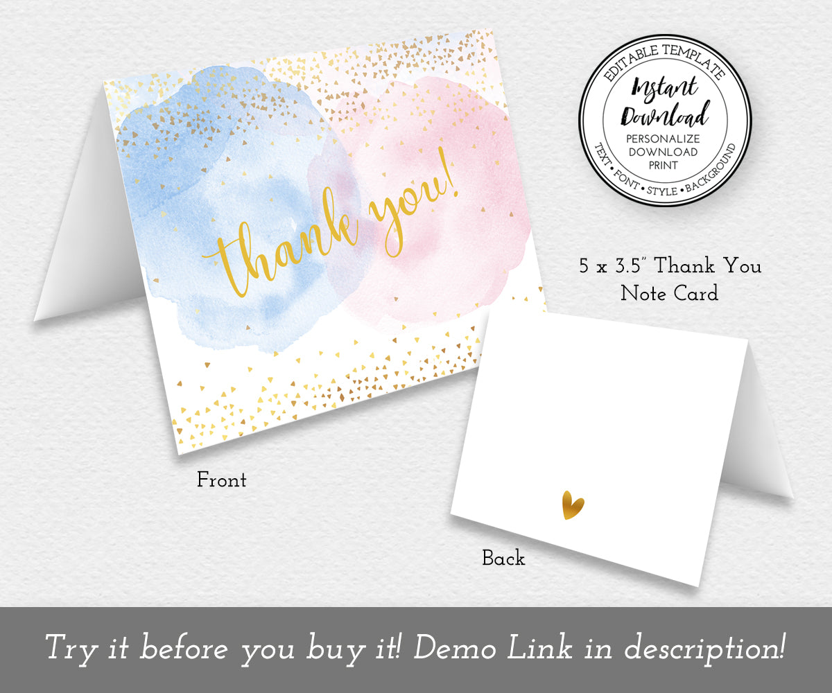 Thank You Card Template, Pink Blue Smoke Gold Confetti Baby Shower or Gender Reveal Thank You