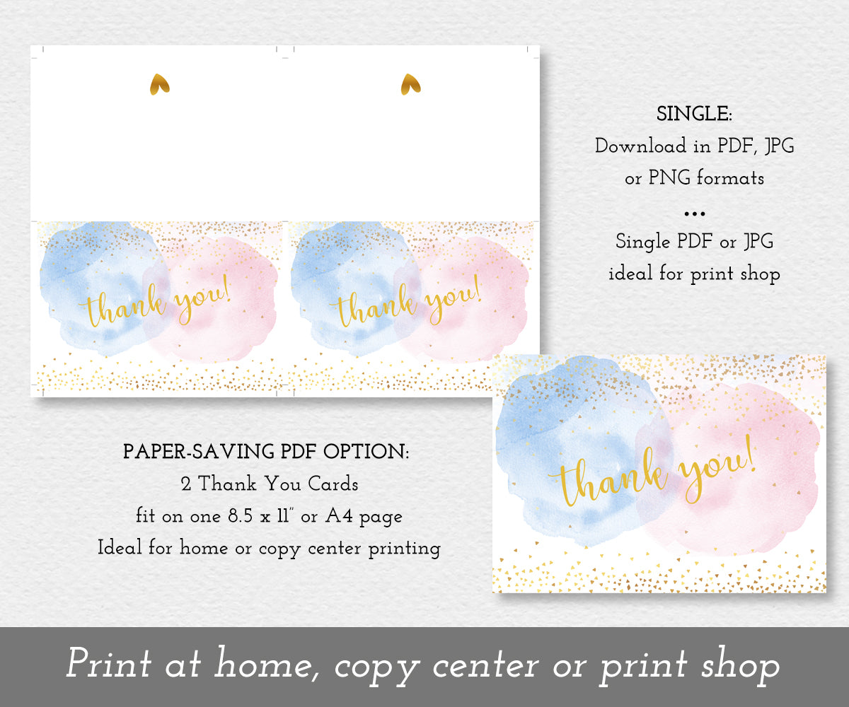 Thank You Card Template, Pink Blue Smoke Gold Confetti Baby Shower or Gender Reveal Thank You