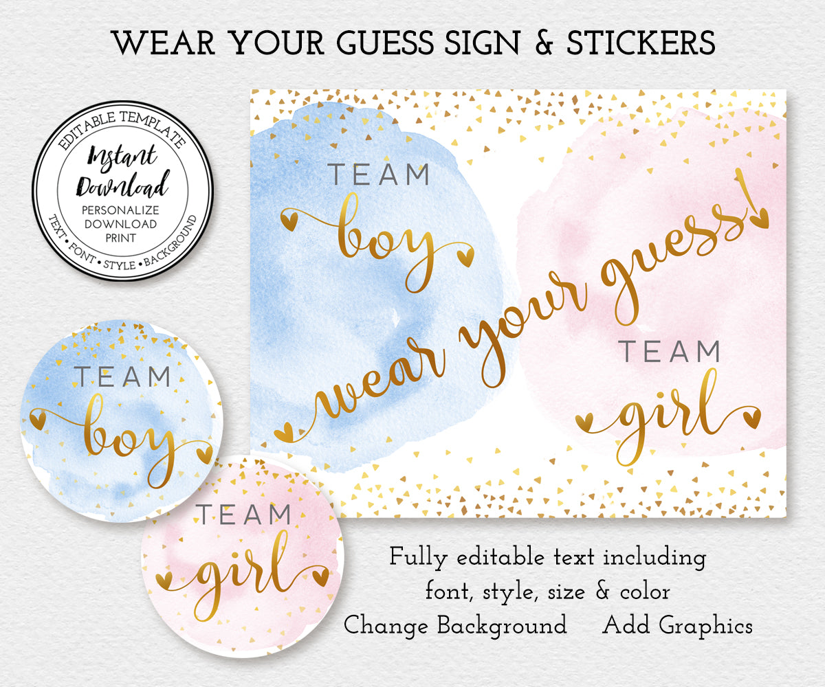 Wear Your Guess sign and team boy and girl stickers in blue and pink smoke with gold text and confetti