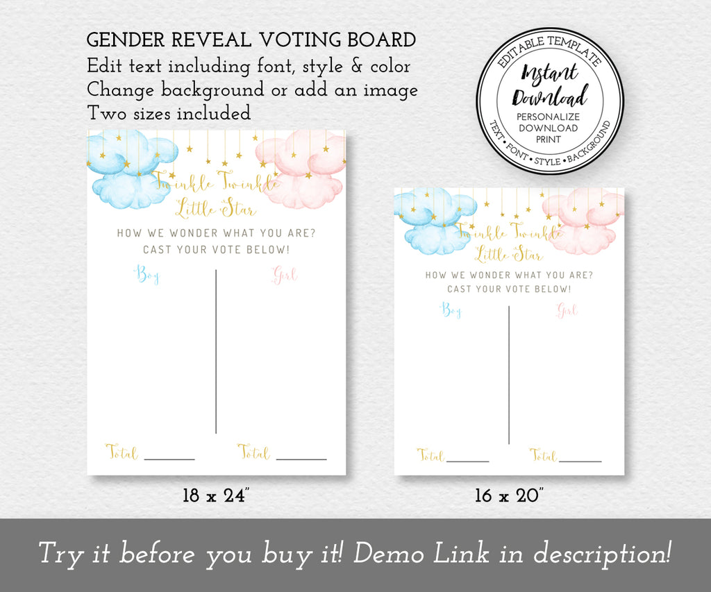 Gender reveal voting board editable template, twinkle twinkle little star theme gender reveal game sign