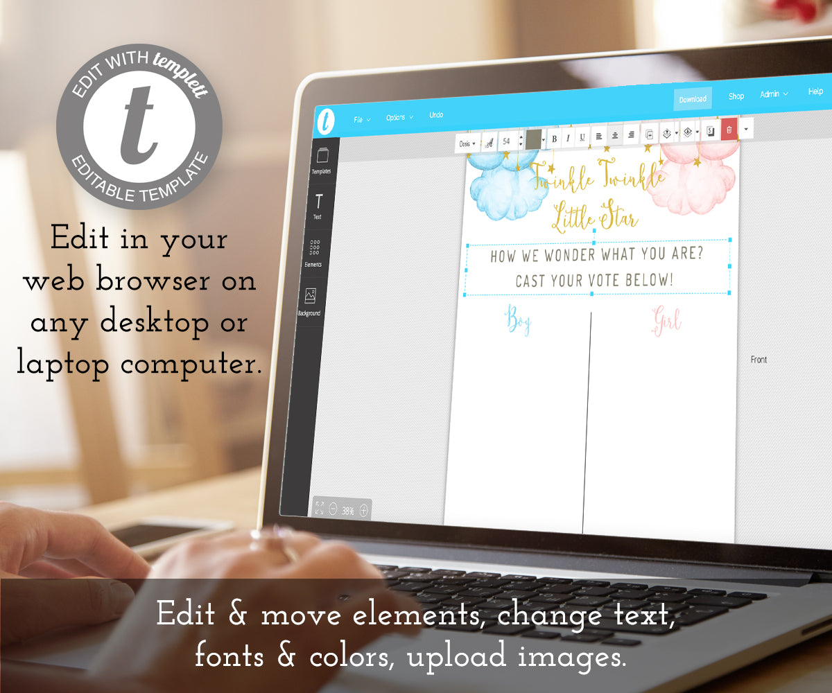 twinkle twinkle little star gender reveal game sign being edited on a laptop computer using templett online software