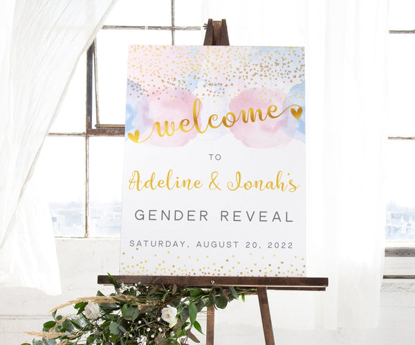 Gender Reveal welcome sign, pink blue watercolor with gold confetti and text
