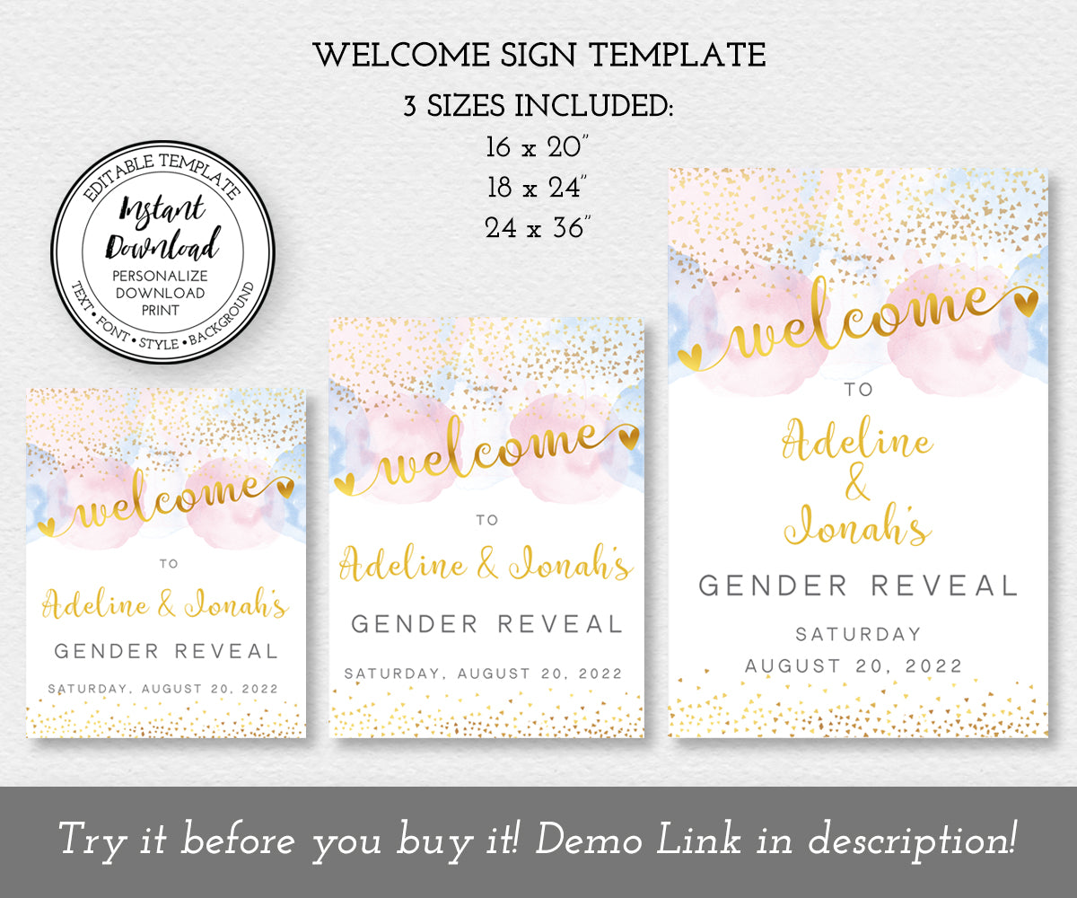 gender reveal welcome sign template in 3 sizes, pink blue watercolor with gold confetti and text