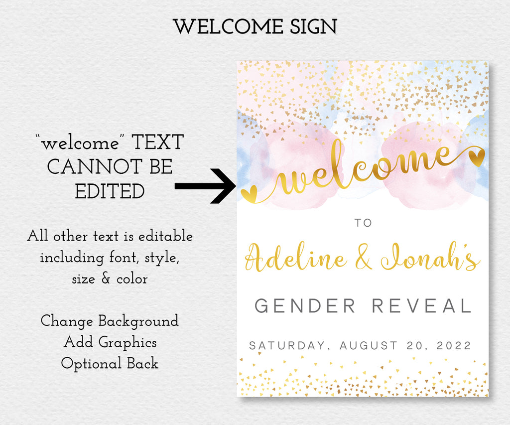 Gender Reveal welcome sign, pink blue watercolor with gold confetti and text