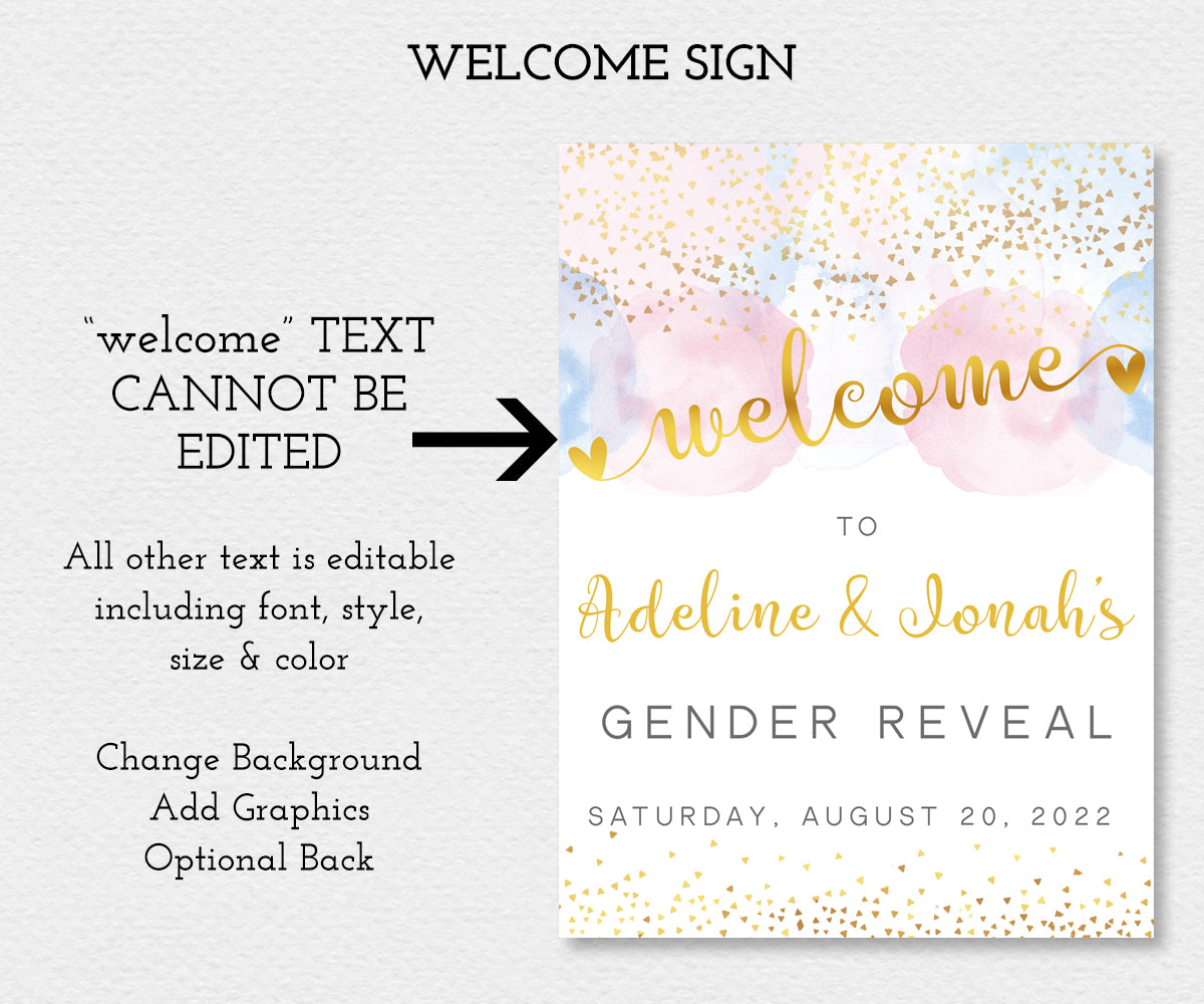 Gender Reveal welcome sign, pink blue watercolor with gold confetti and text