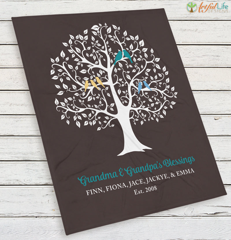 personalized family tree keepsake blanket with grandkids names in black, white, teal