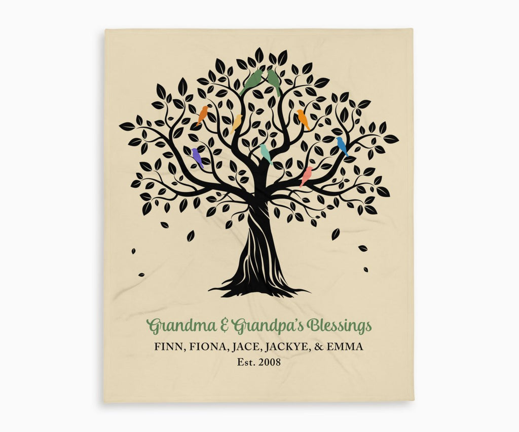 personalized family tree blanket for grandparents in cream, black, green